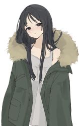 1girl :&lt; absurdres akiyama_mio black_eyes black_hair brown_hair coat dress flat_chest fur-trimmed_coat fur_trim grey_dress highres iomaaki k-on! light_blush long_hair looking_at_viewer simple_background sleeveless sleeveless_dress solo white_background