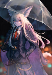 1girl animal_ear_fluff animal_ears arknights black_coat black_gloves black_jacket blonde_hair closed_mouth coat coat_on_shoulders collared_shirt commentary facial_scar gloves hair_between_eyes hand_in_pocket holding holding_umbrella jacket lens_flare long_hair long_sleeves looking_at_viewer necktie night online_neet orange_eyes outdoors purple_coat rain red_necktie scar scar_on_cheek scar_on_face shirt smile solo standing tassel two-sided_coat two-sided_fabric umbrella vulpisfoglia_(arknights) white_shirt