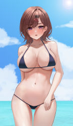 1girl absurdres arm_behind_back artistic_error bad_anatomy bad_hands bikini black_bikini blue_sky blush breasts brown_hair cloud cowboy_shot furrowed_brow groin hair_ornament hairclip highres higuchi_madoka idolmaster idolmaster_shiny_colors large_breasts looking_at_viewer medium_hair navel ocean onedoo open_mouth purple_eyes sky solo stomach swimsuit thighs water