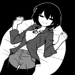 1girl akableak alternate_costume arms_up bed_sheet black_background black_eyes black_hair bob_cut breasts buttons closed_mouth collarbone cowboy_shot denim empty_eyes facing_viewer hair_between_eyes looking_at_viewer lying monochrome monogatari_(series) navel nipples no_bra on_back on_bed open_clothes open_shirt original oshino_ougi pale_skin pants shirt short_hair simple_background small_breasts smile solo stomach wing_collar