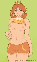 Rule 34 | 1girl, absurdres, clothes lift, highres, kalruna, mario (series), nintendo, orange hair, orange shorts, princess daisy, shirt lift, shorts, solo, sportswear, super mario bros. 1