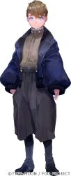 1boy black_boots blue_eyes blue_jacket boots brown_hair brown_shirt copyright_name fate/grand_order fate_(series) jacket kibadori_rue looking_at_viewer official_art pants shirt shoes short_hair smile solo theodorus_van_gogh_(fate) transparent_background