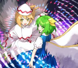 :d blonde_hair blue_dress bow clothes_writing daiyousei danmaku dress fairy_wings flower green_eyes green_hair hair_bow hat highres kaigen_1025 lily_white open_mouth outstretched_arms red_trim short_sleeves smile touhou white_dress white_hat wide_sleeves wings yellow_bow yellow_eyes
