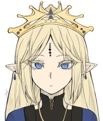 Rule 34 | .osari, 1girl, alternate costume, black collar, blonde hair, blue eyes, cartethyia (wuthering waves), closed mouth, collar, commentary, crown, earrings, english commentary, highres, jewelry, long hair, looking at viewer, necklace, parted bangs, pointy ears, portrait, sidelocks, signature, simple background, solo, straight-on, tacet mark (wuthering waves), white background, wuthering waves