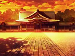 artist_request cloud fence game_cg magia_record:_mahou_shoujo_madoka_magica_gaiden mahou_shoujo_madoka_magica no_humans official_art orange_sky outdoors path road rope scenery shade shide shimenawa shrine sky sunset tree
