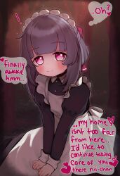 1girl absurdres alternate_costume apron black_choker black_dress black_hair choker closed_mouth crybabyglo dress english_text enmaided fallenshadow highres indie_virtual_youtuber maid maid_apron maid_headdress pink_eyes smile solo speech_bubble virtual_youtuber white_apron