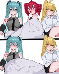 3girls absurdres ahoge arm_tattoo arnkun black_necktie black_shirt black_skirt black_sleeves blonde_hair blue_eyes blue_hair blush drill_hair embarrassed grey_shirt hair_between_eyes hatsune_miku highres implied_cunnilingus kagamine_rin kasane_teto long_hair multiple_girls necktie number_tattoo ponytail red_eyes red_hair shirt sidelocks skirt tattoo twin_drills under_covers utau vocaloid white_shirt yellow_eyes yuri