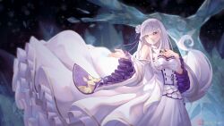 1girl absurdres crystal dress emilia_(re:zero) flower hair_flower hair_ornament hand_on_own_chest highres juns_draws long_hair looking_to_the_side purple_eyes re:zero_kara_hajimeru_isekai_seikatsu rose smile solo very_long_hair white_dress white_flower white_hair white_rose wide_sleeves