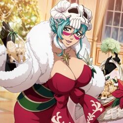 Rule 34 | 1girl, aqua hair, basket, black gloves, bleach, bleach: brave souls, breasts, christmas, christmas tree, cleavage, clothes, cookie, dress, facial mark, female focus, food, fur-trimmed dress, fur trim, gloves, green hair, hair ornament, huge breasts, indoors, jewelry, large breasts, looking at viewer, mask, mask on head, necklace, nelliel tu odelschwanck, official art, open mouth, red dress, scar, skull, skull hair ornament, smile, solo, solo focus, standing, video game