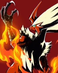 1other blaziken claws closed_mouth creatures_(company) fire fire fur_trim game_freak gen_3_pokemon glowing glowing_eye green_hair hand_up highres looking_at_viewer looking_back muscular nintendo pokemon pokemon_(creature) red_background simple_background solo tosaka_rai