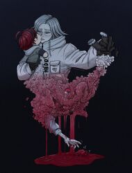 absurdres aotsuki_eito black_background black_gloves black_hair blood body_horror chibi closed_eyes crying eyelashes glasses gloves gradient_background hand_up highres holding_chibi kiss long_sleeves multicolored_hair outstretched_arm parted_lips pool_of_blood red_hair simple_background sumino_takumi tears the_hundred_line_-last_defense_academy- white_hair yaoi