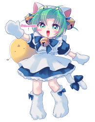 1girl ahoge animal_hat anyaaki ascot bell blue_dress blue_ribbon blush_stickers bow cat_hat cat_tail curtained_hair dejiko di_gi_charat dress full_body gema green_hair grey_hair hat highres jingle_bell mittens open_mouth ribbon solo tail tail_bow tail_ornament white_ascot white_mittens