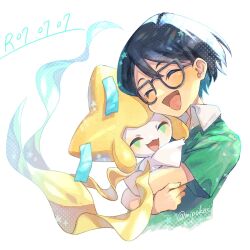 1boy black-framed_eyewear black_hair closed_eyes dated gen_3_pokemon glasses green_shirt highres hug jirachi legendary_pokemon male_focus max_(pokemon) mipokec mythical_pokemon nintendo open_mouth pokemon pokemon:_jirachi:_wish_maker pokemon_(anime) pokemon_(creature) pokemon_rse_(anime) shirt twitter_username upper_body