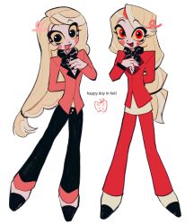 Rule 34 | 1girl, black eyes, blonde hair, blush stickers, charlie morningstar, colored sclera, commentary request, demon girl, dual persona, formal clothes, hands on own chest, hazbin hotel, highres, korean commentary, long hair, looking at viewer, pants, pink pants, pink suit, prototype design, red eyes, suit, tppiiiiqqt, yellow sclera
