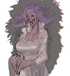 ^_^ black_nails breasts charlotte_brulee cleavage closed_eyes cowboy_shot dancho_no_mori dark-skinned_female dark_skin dress eyeshadow flipped_hair highres large_breasts lipstick long_nose long_sleeves makeup one_piece open_mouth own_hands_together pointy_nose purple_eyeshadow purple_hair purple_lips scar scar_on_face sentaronao smile steepled_fingers white_dress wide_sleeves