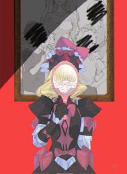 1girl armor black_armor blonde_hair facing_viewer family_portrait fire_emblem fire_emblem_engage frilled_headwear highres marni_(fire_emblem) nintendo open_mouth red_armor sasaki_(dkenpisss) two-tone_headwear