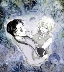 1boy 1girl :3 asama_hirotaka black_cloud black_hair blonde_hair body_horror business_casual camera caterpillar caterpillar_girl cocoon collared_shirt decapitation extra_eyes extra_faces fang fangs green_eyes highres holding holding_camera holding_notepad holding_pen horror_(theme) human_head inubousaki_shioi looking_at_viewer necktie nikubami_honegishimi notepad pen pointy_nose runarica0914 shirt sideways_glance sweater_vest
