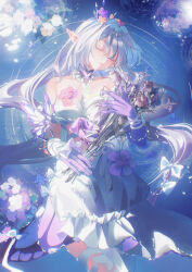 1girl absurdres afloat asymmetrical_gloves black_tiara bouquet breasts castorice_(honkai:_star_rail) closed_eyes closed_mouth commentary_request elbow_gloves flower gangsi_qiu_nianyu_jing gloves hair_flower hair_ornament highres holding holding_bouquet honkai:_star_rail honkai_(series) long_hair medium_breasts pointy_ears purple_eyes purple_gloves purple_hair solo tiara uneven_gloves