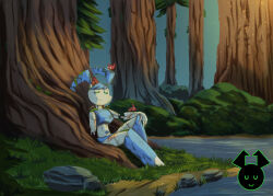 1girl absurdres android bird blue_hair blue_skirt blue_tank_top boots closed_eyes colored_skin day forest grass highres humanoid_robot jenny_wakeman joints metal_skin my_life_as_a_teenage_robot nature outdoors river robot robot_girl robot_joints screw sitting skirt sunlight tank_top tree twintails user_wvhp3328 white_skin