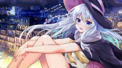 1girl 2021 :d absurdres artist_name black_hat black_robe blue_eyes blush bow braid cityscape commentary_request commission dated_commentary elaina_(majo_no_tabitabi) feet_out_of_frame fingernails floating_hair grey_hair hair_between_eyes hair_bow happy hat highres hugging_own_legs knees_up long_hair looking_at_viewer majo_no_tabitabi neckerchief night open_clothes open_mouth open_robe outdoors pink_bow robe shirt single_braid skeb_commission smile solo white_shirt witch witch_hat yam_(yamap_mako) yellow_neckerchief