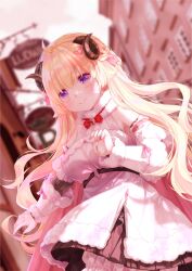 1girl 54hao ahoge animal_ears blonde_hair blurry blurry_background braid breasts building closed_mouth commentary depth_of_field detached_sleeves dress fur-trimmed_dress fur-trimmed_sleeves fur_trim hair_between_eyes hair_ornament hairclip highres hololive horns long_hair long_sleeves medium_breasts outdoors purple_eyes sheep_ears sheep_girl sheep_horns sign smile solo tsunomaki_watame tsunomaki_watame_(1st_costume) very_long_hair virtual_youtuber white_dress window