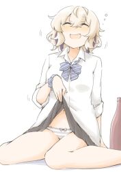 1girl akara_kai alcohol black_skirt blonde_hair blue_eyes blue_hair bottle breasts collared_shirt drunk gloire_(kancolle) gloire_kai_(kancolle) gloire_kai_(setsubun)_(kancolle) grey_panties highres kantai_collection lifting_own_clothes medium_breasts multicolored_hair open_mouth panties sake_bottle shirt short_hair sitting skirt solo striped_clothes striped_panties underwear white_shirt