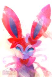 Rule 34 | adversarial noise, animal focus, artist name, backlighting, blue sclera, bow, bowtie, closed mouth, colored sclera, constricted pupils, dated, ear bow, gen 6 pokemon, happy, heart, heart-shaped pupils, looking at viewer, neck ribbon, nintendo, no humans, pink bow, pink bowtie, pokemon, pokemon (creature), ribbon, signature, simple background, smile, solo, sylveon, symbol-shaped pupils, thwillartz, twitter username, upper body, vince (thwillartz), white background, white eyes, white ribbon