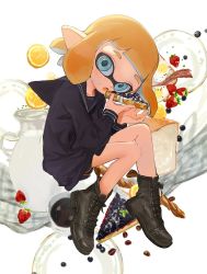 1girl bacon blue_eyes blueberry boots bread bread_slice breakfast coffee coffee_beans cup egg female_focus food fruit highres holding holding_food hood hoodie inkling_player_character looking_at_viewer milk nintendo orange_(fruit) orange_slice pitcher_(container) plate pointy_ears sailor_collar solo splatoon_(series) strawberry tentacle_hair toast ume_(plumblossom)