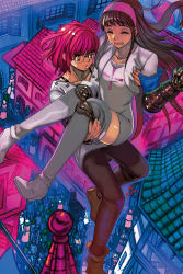10s 1boy 1girl androgynous black_hair boots carrying closed_eyes cropped_jacket fang floating from_above gauntlets glasses gowther grey_footwear grey_thighhighs guila hairband highres knee_pads long_hair nanatsu_no_taizai open_mouth pink_hair princess_carry short_hair thigh_boots thighhighs town w9 yellow_eyes