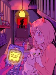 +_+ 1girl animal animated animated_gif basstual cat cellphone chainsaw_man cross-shaped_pupils denji_(chainsaw_man) doormat english_text flickering flip_phone green_nails hair_over_one_eye hanging_light hayakawa_aki highres holding holding_animal horns horror_(theme) long_hair long_sleeves looking_at_viewer meowy_(chainsaw_man) nail_polish parted_lips phone photo_(object) pink_hair pink_shirt pov pov_hands power_(chainsaw_man) purple_theme red_eyes shadow shirt signature silhouette stairs sweat sweatdrop symbol-shaped_pupils trembling vase