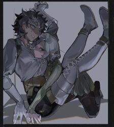 2girls all_fours armor bags_under_eyes black_eyes black_hair blue_eyes boots breasts curly_hair dark-skinned_female dark_skin dungeon_meshi elf full_body genderswap genderswap_(mtf) gloves gorget grey_background grey_hair head_on_chest highres kabru lazy_eye long_sleeves looking_at_viewer mithrun multiple_girls notched_ear pointy_ears shadow short_hair shuiyemusan sweatdrop thigh_boots trapped tunic uneven_eyes