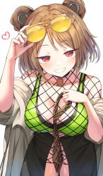 1girl absurdres blush breasts brown_hair brown_necktie coat collarbone commentary_request commission double_bun fishnet_top fishnets girls&#039;_frontline hair_bun heart highres holding holding_necktie holding_removed_eyewear large_breasts long_hair medium_hair necklock necktie off_shoulder official_alternate_costume open_mouth p90_(girls&#039;_frontline) p90_(the_girl_from_b.e.l)_(girls&#039;_frontline) red_eyes simple_background skeb_commission smile solo sunglasses unworn_eyewear white_background white_coat white_mouth yamato_(muchuu_paradigm)