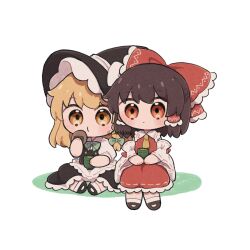 Rule 34 | 2girls, apron, ascot, black hair, black hat, black skirt, black vest, blonde hair, bow, bowtie, braid, brown eyes, brown hair, chibi, chibi only, closed mouth, commentary, cup, detached sleeves, eating, food, frilled bow, frilled hair tubes, frilled skirt, frills, green bow, green bowtie, hair bow, hair tubes, hakurei reimu, hat, hat bow, highres, kirisame marisa, long hair, multiple girls, red bow, red skirt, ribbon-trimmed skirt, ribbon-trimmed sleeves, ribbon trim, senbei, side braid, simple background, single braid, sitting, skirt, skirt set, tea, touhou, twitter username, uzuki (amayadori), vest, waist apron, white background, white bow, witch hat, yellow ascot, yellow eyes, yunomi