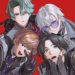Rule 34 | 4boys, :o, ;d, absurdres, arm around shoulder, black coat, black gloves, black hair, black shirt, blue eyes, blue hair, blue necktie, brown hair, by the beat, chain, chain necklace, choker, closed mouth, coat, coat on shoulders, collared shirt, commentary, crescent, crescent necklace, curtained hair, earclip, earrings, eyeshadow, freodore (nijisanji), gem, gloves, gold ring, gradient hair, green eyes, grey choker, grey coat, grey hair, grey jacket, hair between eyes, hand on another&#039;s shoulder, hand up, hands up, highres, jacket, jewelry, kaelix debonair, kaohom503, lapels, long sleeves, looking at viewer, makeup, male focus, medium hair, mole, mole under eye, mole under mouth, multicolored eyes, multicolored hair, multiple boys, multiple rings, necklace, necktie, nijisanji, nijisanji en, one eye closed, open clothes, open jacket, open mouth, parted bangs, parted hair, parted lips, pink hair, purple-tinted eyewear, purple eyes, purple eyeshadow, purple gemstone, red background, ring, round eyewear, seible (nijisanji), shirt, short hair, simple background, smile, streaked hair, sunglasses, symbol-only commentary, teeth, thumb ring, tinted eyewear, turtleneck, two-tone eyes, upper body, upper teeth only, v, v-shaped eyebrows, virtual youtuber, white hair, white shirt, wing collar, yellow gemstone, zeal ginjoka