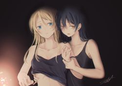 2girls arm_grab ayase_eli black_tank_top blonde_hair blue_eyes blue_hair blush clothes_lift commentary_request grabbing_from_behind highres holding_another&#039;s_wrist lifting_another&#039;s_clothes long_hair love_live! love_live!_school_idol_project multiple_girls shirt_lift sonoda_umi suito swept_bangs tank_top yellow_eyes yuri