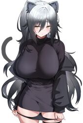 1girl absurdres animal_ear_fluff animal_ear_piercing animal_ears arknights black_hair black_panties black_shirt black_skirt blush breasts commentary cowboy_shot dishui_tangni gradient_hair grey_hair hair_between_eyes highres huge_breasts long_bangs long_hair looking_at_viewer miniskirt multicolored_hair panties parted_lips pencil_skirt schwarz_(arknights) shirt simple_background skindentation skirt skirt_set solo standing thigh_strap turtleneck turtleneck_shirt underwear white_background yellow_eyes