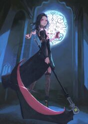 1girl ankle_boots black_boots black_dress black_hair boots commentary_request curly_hair dress floating_clothes floating_hair from_below garter_straps glowing glowing_eyes gradient_hair grotta high_heel_boots high_heels highres holding holding_scythe indoors kamen_rider kamen_rider_gavv_(series) lace lace_thighhighs lace_trim long_hair looking_at_viewer looking_down multicolored_hair pink_eyes pink_hair saisho_(qpoujr) scythe smile solo stiletto_boots stiletto_heels thighhighs tokusatsu window
