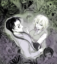 Rule 34 | 1boy, 1girl, :3, asama hirotaka, black cloud, black hair, blonde hair, body horror, business casual, camera, caterpillar, caterpillar girl, cocoon, collared shirt, copyright name, decapitation, extra eyes, extra faces, fang, fangs, green eyes, highres, holding, holding camera, holding notepad, holding pen, horror (theme), human head, inubousaki shioi, looking at viewer, necktie, nikubami honegishimi, notepad, pen, pointy nose, runarica0914, shirt, sideways glance, sweater vest
