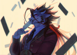 1boy between_fingers black_necktie collarbone dragon_boy fish_hook_earrings furry furry_male fuxi_(housamo) holding horns jacket male_focus necktie pink_pupils red_jacket solo sora-ya_(uya_kyo) tokyo_houkago_summoners upper_body