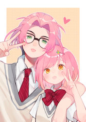 Rule 34 | 1boy, 1girl, :p, absurdres, arm around shoulder, beige background, black hair, blush, bob cut, bow, bowtie, collared shirt, colored tips, glasses, green eyes, habataki academy school uniform, hair ornament, hairclip, hand up, heart, height difference, highres, looking at viewer, multicolored hair, nanatsumori minoru, necktie, paki2000, parted bangs, pink hair, protagonist (tokimemo gs4), red bow, red bowtie, red necktie, school uniform, shirt, short hair, short sleeves, streaked hair, striped bow, striped bowtie, striped clothes, striped necktie, swept bangs, tokimeki memorial, tokimeki memorial girl&#039;s side, tokimeki memorial girl&#039;s side 4th heart, tongue, tongue out, upper body, v, w, white shirt, yellow eyes