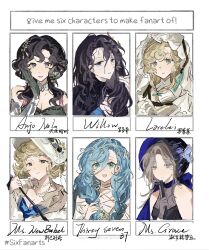 37_(down_in_the_grotto)_(reverse:1999) 37_(reverse:1999) 6+girls :d absurdres anjo_nala aqua_eyes around_the_stream athletic_leotard bandaged_hand bandages bare_shoulders black_dress black_hair black_hat blonde_hair blue_eyes blue_hair blue_leotard blue_shirt character_name curled_horns dress elbow_gloves english_text fan_to_mouth folded_fan folding_fan gloves grey_gloves grey_hair grey_horns hair_between_eyes hair_ornament hand_fan hat highres holding holding_fan holding_leash horns jewelry leash leotard looking_at_viewer lorelei_(reverse:1999) low_horns ms._grace_(reverse:1999) ms._newbabel multiple_drawing_challenge multiple_girls necklace official_alternate_costume open_mouth pearl_necklace purple_eyes reverse:1999 shirt short_hair six_fanarts_challenge sleeveless sleeveless_dress smile upper_body veil white_dress white_hat white_veil willow_(reverse:1999)