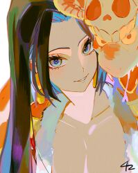1girl black_hair blue_eyes boa_hancock commentary earrings forked_tongue jewelry long_hair looking_at_viewer one_piece salome_(one_piece) senzzang sidelocks simple_background skull smile snake snake_earrings tongue tongue_out upper_body white_background