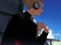 1boy black_shirt blonde_hair boku_no_hero_academia clenched_teeth facial_hair headphones hot kaido_(kaido_ggg) long_sleeves male_focus mustache orange-tinted_eyewear outdoors present_mic railing shirt short_hair signature solo summer sunglasses sweat teeth tinted_eyewear upper_body