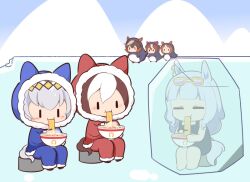 6+girls :i animal_costume animal_ears animal_hood bare_arms bare_legs bare_shoulders barefoot black_one-piece_swimsuit blue_jacket blue_pants blush_stickers bowl chibi chopsticks closed_eyes closed_mouth day ears_through_headwear eating eyewear_on_head fake_animal_ears food frozen fur-trimmed_hood fur-trimmed_jacket fur_trim gold_ship_(run_revolt_launcher)_(umamusume) gold_ship_(umamusume) gomashio_(goma_feet) holding holding_bowl holding_chopsticks hood hood_up hooded_jacket horse_ears horse_girl horse_tail ice jacket long_sleeves multiple_girls noodles oguri_cap_(umamusume) one-piece_swimsuit outdoors pants penguin_costume red_jacket red_pants sitting special_week_(umamusume) sunglasses swimsuit symboli_rudolf_(umamusume) tail tokai_teio_(umamusume) tsurumaru_tsuyoshi_(umamusume) umamusume wavy_mouth yellow-framed_eyewear |_|