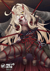 1girl arms_behind_back ball_gag bdsm black_dress blonde_hair bondage bound bound_ankles bound_arms bound_breasts bound_legs bound_torso breast_bondage breasts breath chinese_commentary cleavage cowlick crotch_rope dress drooling eye_hair_ornament eye_symbol feet female_focus frogtie full_body gag gag_harness gagged genshin_impact hair_between_eyes hair_intakes hair_ornament highres large_breasts legs long_hair looking_at_viewer no_shoes pantyhose red_rope restrained ronova_(genshin_impact) rope saliva saliva_trail shibari shibari_over_clothes side_ahoge solo symbol-shaped_pupils thighs veil very_long_hair wiffle_gag yellow_eyes yiduan_zhu