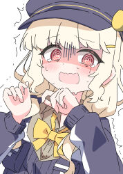 1girl @_@ absurdres aoba_(blue_archive) blonde_hair blue_archive blue_hat blue_jacket bow bowtie brown_shirt collared_shirt commentary_request crying crying_with_eyes_open furrowed_brow hair_ornament hairclip hands_up hat highres jacket lee0fld light_blush long_hair looking_to_the_side motion_lines nervous_sweating open_mouth partially_unbuttoned peaked_cap red_eyes shaded_face shirt sidelocks solo sweat tears track_jacket trembling upper_body yellow_bow yellow_bowtie