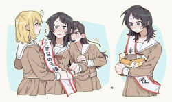 3girls bang_dream! bang_dream!_it&#039;s_mygo!!!!! birthday_sash blonde_hair blue_eyes blush bow brown_background brown_dress brown_hair closed_eyes closed_mouth criangle_k. dress hanasakigawa_school_uniform holding_carton long_hair long_sleeves medium_hair misumi_uika multiple_girls pleated_dress purple_eyes red_bow sailor_collar sailor_dress school_uniform shiina_taki sidelocks sweat white_sailor_collar yahata_umiri