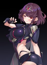 1girl alternate_color ass black_background black_gloves black_shorts black_thighhighs bob_cut breasts closed_mouth commentary_request cowboy_shot earrings fingerless_gloves from_behind gloves gradient_background hand_up highres jewelry large_breasts looking_back matrix16 micro_shorts purple_hair pyra_(xenoblade) red_eyes short_hair shorts solo swept_bangs thighhighs tiara twisted_torso xenoblade_chronicles_(series) xenoblade_chronicles_2