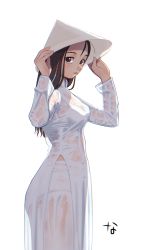 1girl absurdres adjusting_headwear black_hair bra female_focus hat highres long_hair nanja original panties rice_hat see-through_clothes simple_background solo underwear vietnamese_clothes ao_dai wet wet_clothes white_background