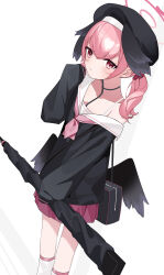1girl absurdres black_hat black_shirt blue_archive closed_mouth ehen_yyy gun halo hand_up hat highres holding holding_gun holding_weapon kneehighs koharu_(blue_archive) long_hair looking_at_viewer low_wings miniskirt neckerchief pink_eyes pink_hair pink_neckerchief rifle sailor_collar shirt single_off_shoulder skirt sleeves_past_fingers sleeves_past_wrists socks solo weapon white_sailor_collar wings
